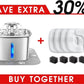 95oz/2.8L Stainless Steel Cat Water Fountain & Original Design 8 Pack Replacement Filters & Sponges Set (Silver)