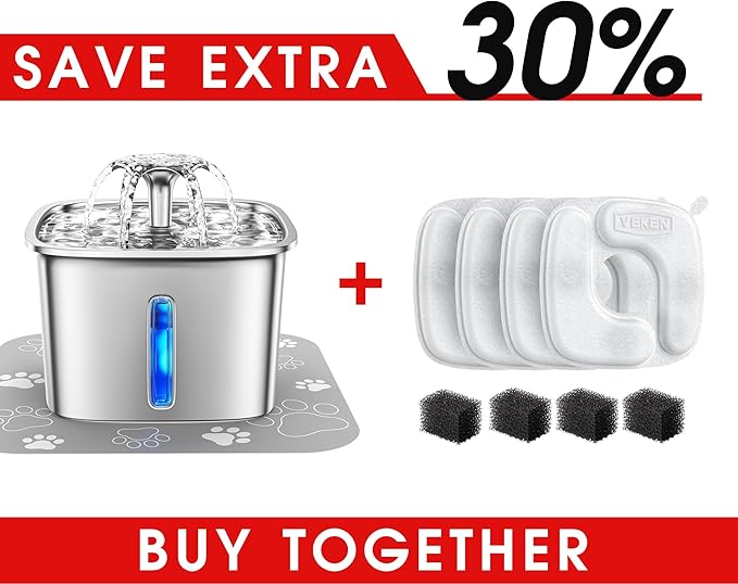 95oz/2.8L Stainless Steel Cat Water Fountain & Original Design 8 Pack Replacement Filters & Sponges Set (Silver)